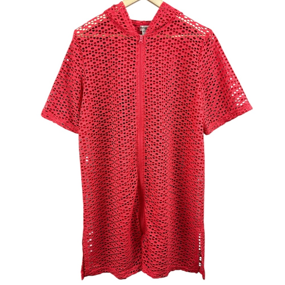 Cover Me Swim Hooded Mesh Zip Up Pink Swim Cover Size Medium